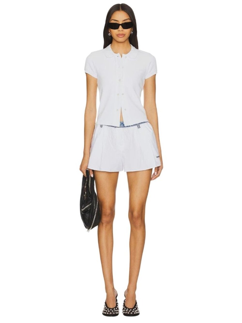 Alexander Wang Denim Waistband Shorts in Oxford Blue White 2 Womens - Picture 11 of 11
